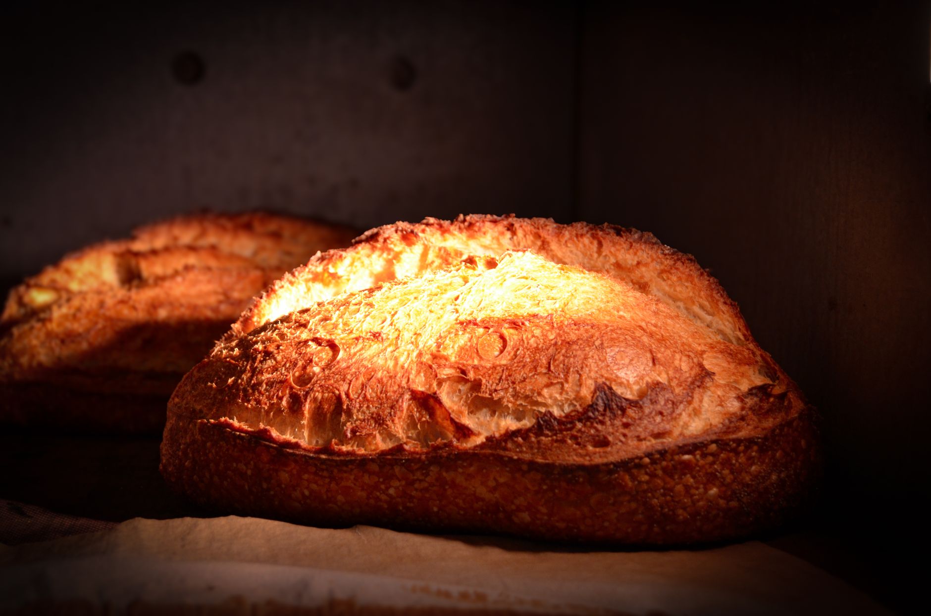 Obrador de panadería artesana con pan recién horneado en el horno