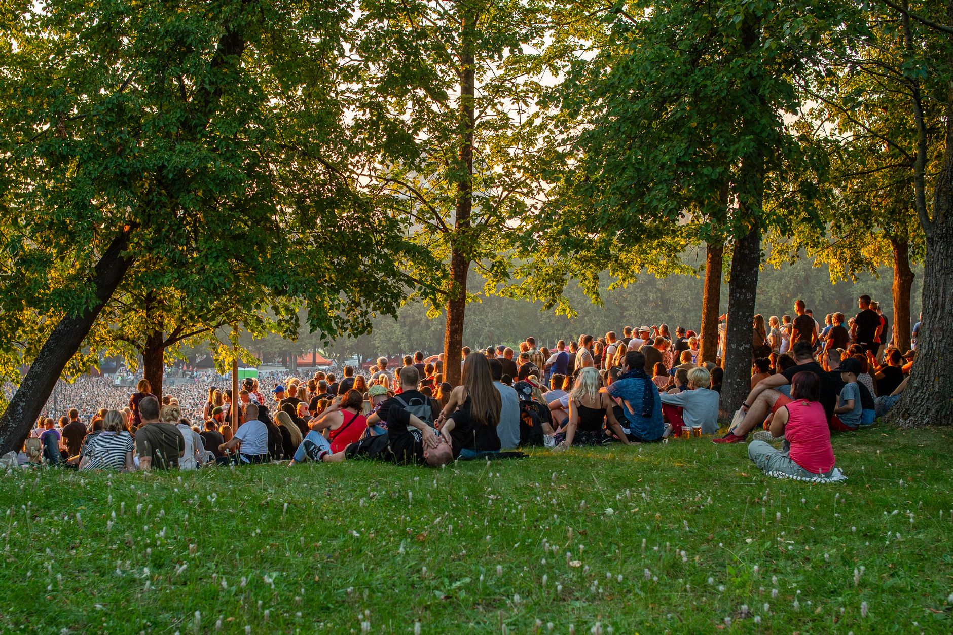 Concierto en parque al aire libre con público y orquesta en verano